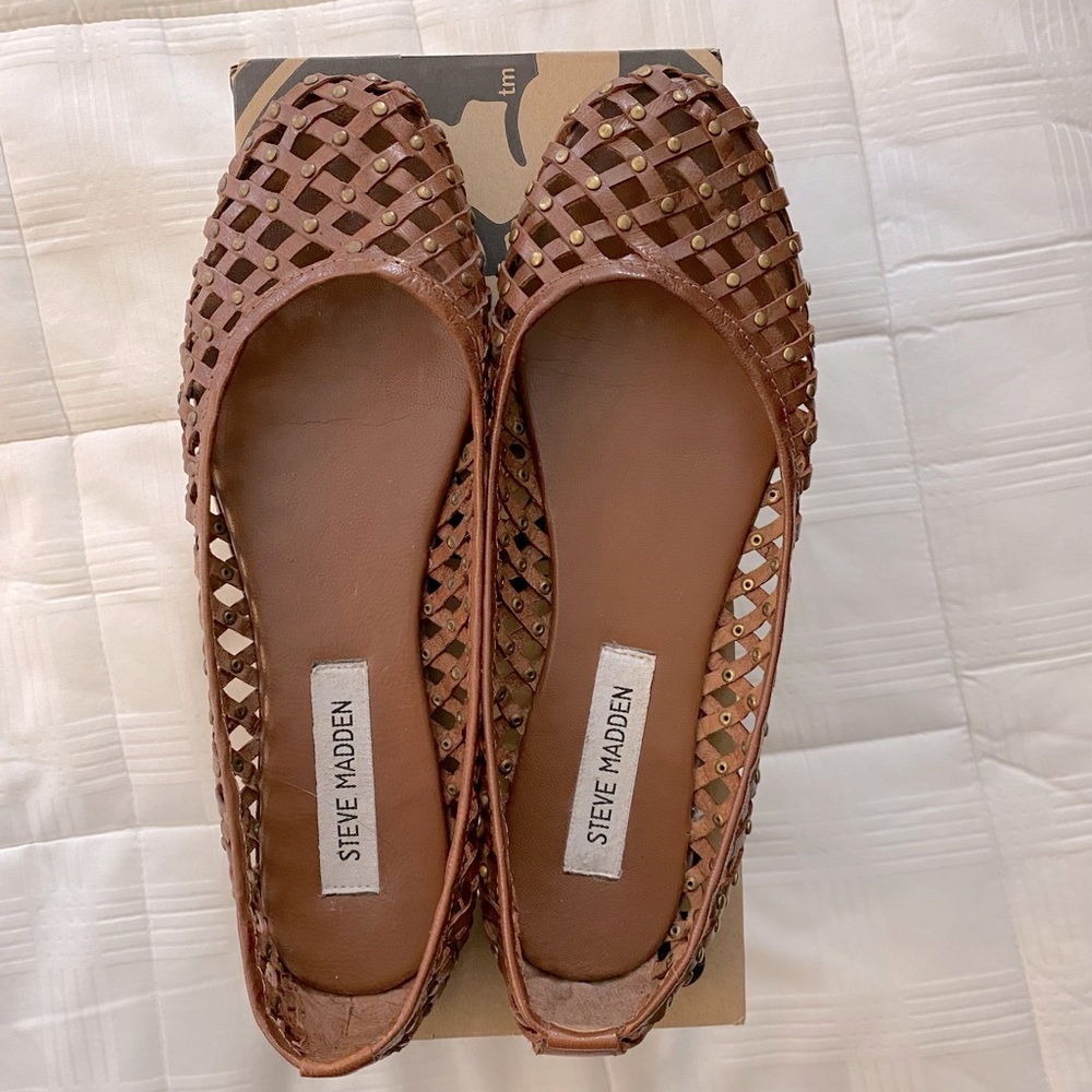 Steve Madden brown flats with bronze studs.  Size 8